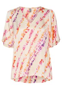 Blusa a maniche corte, con scollo a V, di colore crema, con un motivo ad acquerello che presenta punti rosa, arancioni e viola, silhouette fluida, tessuto leggero.