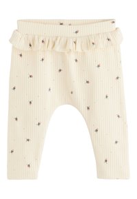 Gerippte Leggings in Creme mit einem Rüschensaum am Bund und einem floralen Muster mit kleinen Rosenmotiven in Rosé und Grün, ideal für den Alltag.