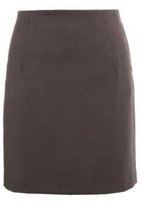 Jupe gris foncé avec un design simple et droit, présentant une texture lisse et deux poches avant. L'ourlet se termine au milieu de la cuisse.