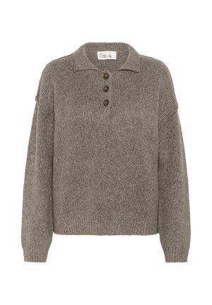 Brown knitted pullover with long sleeves, a collar, and three dark buttons on the front placket.