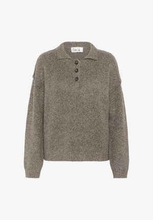 Brūns adīts džemperis ar garām piedurknēm, apkakli un trim tumšajiem pogām priekšējā plāksnē.