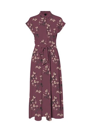 Sukienka maxi w kolorze mauve, z krótkimi rękawami, kołnierzem, zapinana na guziki z przodu, z paskiem w talii i kremowym kwiatowym wzorem.