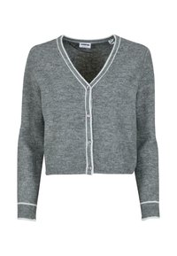 Szürke kardigán, puha, kötött anyagból készült, V-nyakkivágással, elülső gombokkal és kontrasztos fehér szegéllyel a nyaklán és az ujjak végén.