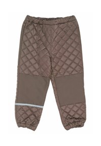 Pantalon matelassé marron isolant avec taille élastique et poignets, renforts aux genoux et bande réfléchissante au-dessus de la cheville gauche.