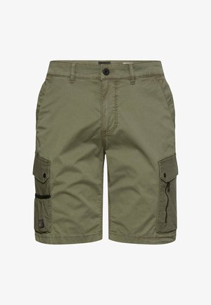 Olivgrüne Cargo-Shorts mit Knopf- und Reißverschluss, Gürtelschlaufen, seitlichen Klappentaschen mit Knöpfen und Reißverschlussfächern.