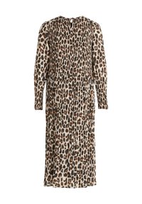Mekko, jossa on leopardikuosi, pitkät hihat, plissee-pinta, beige pohja ja ruskeamustat täplät; takana avaus, jossa on avainreikä.