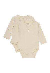 Body à manches longues en coton beige clair avec de petits imprimés de canard. Doté de fermetures à pression à l'arrière et d'encolures en côtes douces.
