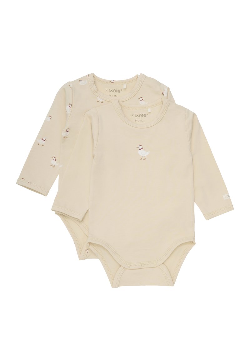 Body à manches longues en coton beige clair avec de petits imprimés de canard. Doté de fermetures à pression à l'arrière et d'encolures en côtes douces.