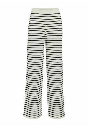 Wide-leg pants in a soft, stretchy fabric with horizontal black and white stripes, featuring an elastic waistband and subtle stitching details.