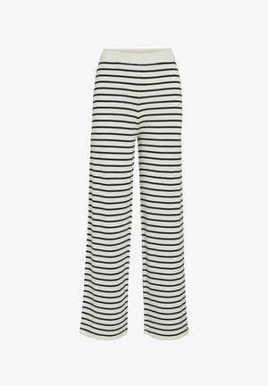 Wide-leg pants in a soft, stretchy fabric with horizontal black and white stripes, featuring an elastic waistband and subtle stitching details.