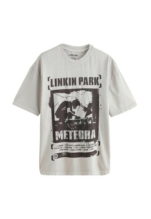 Light gray t-shirt made of cotton, featuring a black graphic print with "Linkin Park" and "Meteora" text, along with an abstract design.