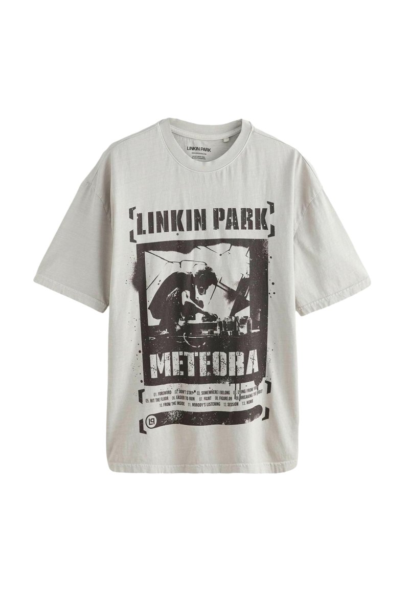Light gray t-shirt made of cotton, featuring a black graphic print with "Linkin Park" and "Meteora" text, along with an abstract design.