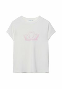 Biała bawełniana koszulka z krótkim rękawem i okrągłym dekoltem. Na środku klatki piersiowej znajduje się różowa grafika łabędzia.