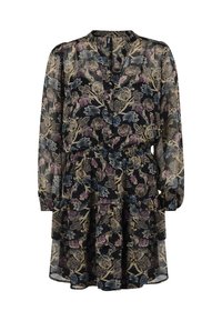 Blumenmuster-Kleid aus transparenter schwarzer Stoff, mit langen Ärmeln, V-Ausschnitt, gerafftem Taillenbereich und mehrlagigem Rock mit komplizierten Designs in Lila und Blau.