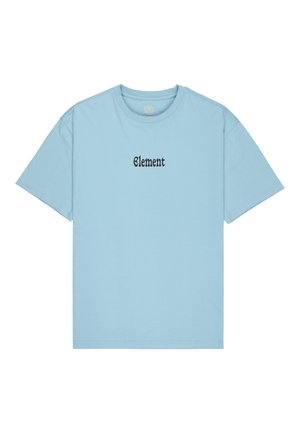 Light blue cotton t-shirt with short sleeves and round neck, featuring black text "Element" on the front. Smooth texture, casual design.