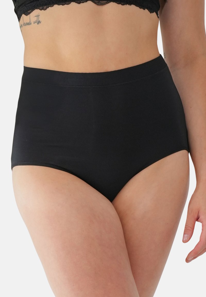 Schwarze Unterwäsche mit hohem Bund aus glattem, dehnbarem Stoff. Verfügt über ein schlichtes Design mit breitem Bund und ohne sichtbare Nähte.