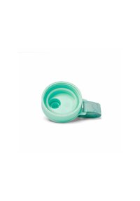 Mint green plastic lid with a central hole and angled spout. Features a blue patterned strap for secure attachment. Smooth texture.