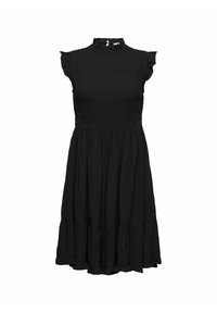 Robe noire longueur genou avec manches courtes à volants, col montant à volants, corsage ajusté et jupe évasée avec ourlet à volants.