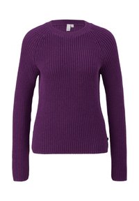 Fialový pletený svetr s kulatým výstřihem, dlouhými raglánovými rukávy, texturovanou látkou a přiléhavým střihem. Bez viditelných log nebo vzorů.