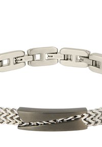 Pulsera de acero inoxidable plateado con eslabones interlocking, un diseño trenzado y un acento negro mate en el centro.