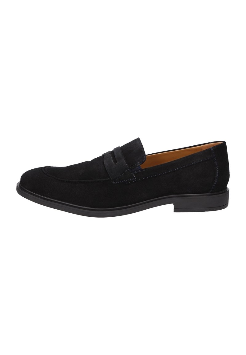Schwarze Wildleder-Loafer mit glatter Oberfläche, die ein gestepptes Band über dem Obermaterial und eine niedrige Gummisohle aufweisen. Klassisches Design mit schlanker Form.