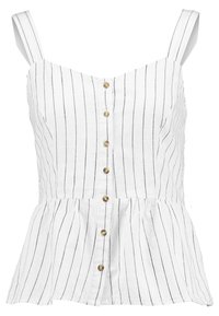 Biała bluzka peplum w pionowe czarne paski z cienkimi ramiączkami, z zapięciem na guziki z przodu, ozdobionym złotymi guzikami, oraz teksturowanym materiałem.