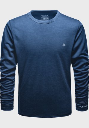 Long-sleeve navy blue shirt made of soft material, featuring a round neckline and a subtle logo on the chest and sleeve.