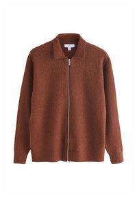 Brown zip-up cardigan with a collared neck, made from a textured fabric. Features ribbed cuffs and hem, with a smooth zip closure.