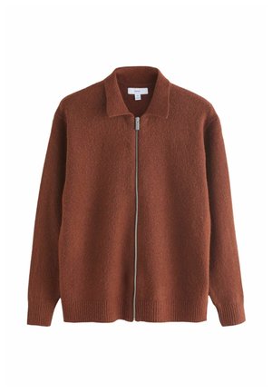 Brauner Reißverschluss-Kardigan mit Kragen, hergestellt aus einem strukturierten Stoff. Verfügt über gerippte Bündchen und Saum sowie einen glatten Reißverschluss.