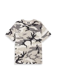 Kurzärmliges Tarnmuster-T-Shirt in Grau, Schwarz und Creme; mit einem "INFAMOUS"-Logo auf der Vorderseite; aus Baumwollmaterial; lockere Passform.