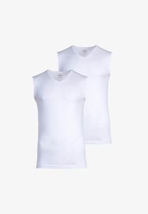 White cotton sleeveless undershirts with a V-neck design. Soft texture and fitted shape. Two items displayed, smooth finish, no patterns.
