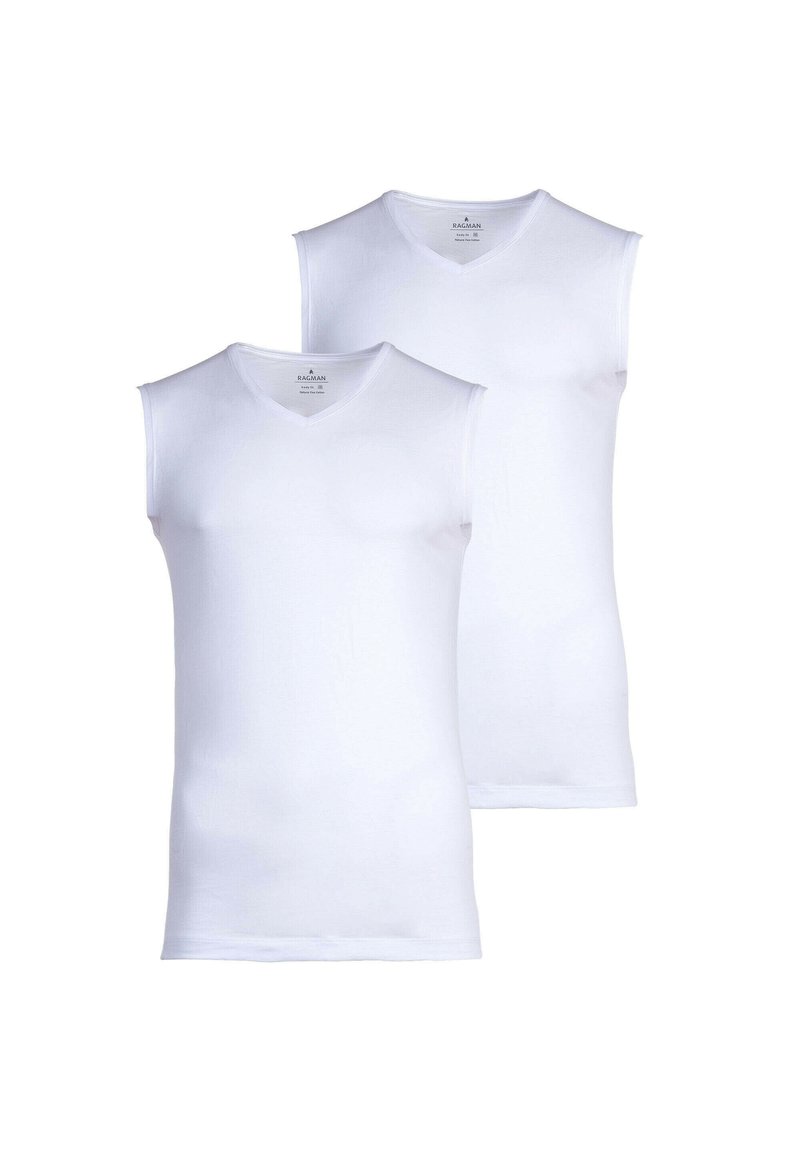White cotton sleeveless undershirts with a V-neck design. Soft texture and fitted shape. Two items displayed, smooth finish, no patterns.