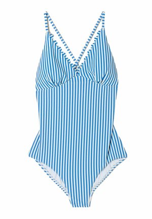 One-piece swimsuit with thin blue and white vertical stripes and adjustable shoulder straps.