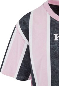 Cotton t-shirt featuring pink and dark gray vertical stripes, with a white accent stripe. Round neckline and embroidered letter detail.