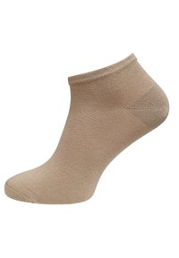 Beige Knöchelsocke aus weichem Stoff, mit geripptem Bund, glatter Textur und abrundeter Zehenpartie mit verstärkten Nähten.