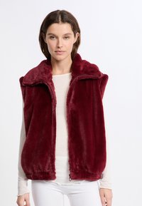 Gilet in pelliccia sintetica bordeaux con colletto alto, chiusura con zip e design senza maniche. Tessuto morbido con orlo elastico.