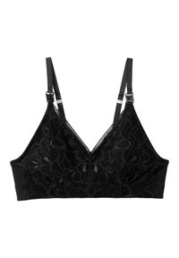 Zwarte kanten bralette met een v-halsontwerp, verstelbare bandjes en een zachte stofband. Kenmerkt een bloemig kantpatroon en subtiele afwerkingsdetails.