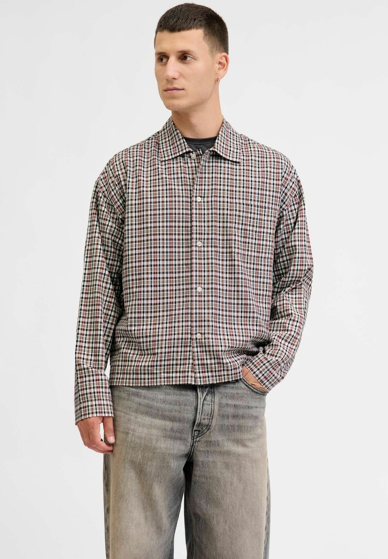 Camicia a quadretti con bottoni in tonalità multicolori, con vestibilità comoda e maniche lunghe, abbinata a jeans palazzo grigi chiari.