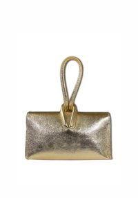 Sac à main en métal doré avec une texture lisse, doté d'une poignée en boucle unique et d'une forme rectangulaire. Design simple et minimaliste.