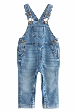 Salopette en denim bleu clair pour tout-petit avec bretelles réglables, poche poitrine avant, boutons latéraux et ourlets de pantalon retroussés.
