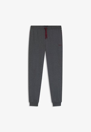 Gray sweatpants with a drawstring waistband, ribbed cuffs, and a small red logo on the left thigh. Made of soft, textured fabric.