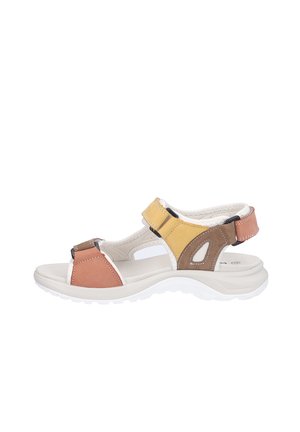 Sandalia multicolor con correas ajustables, suela acolchada y dedo del pie y talón abiertos para uso casual al aire libre.