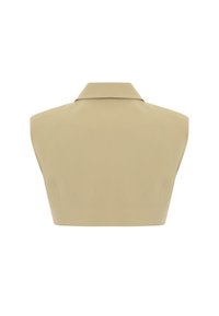 Beige cropped top met een hoge kraag, mouwloos ontwerp en een gladde textuur. De achterzijde toont een schone, op maat gemaakte silhoët.