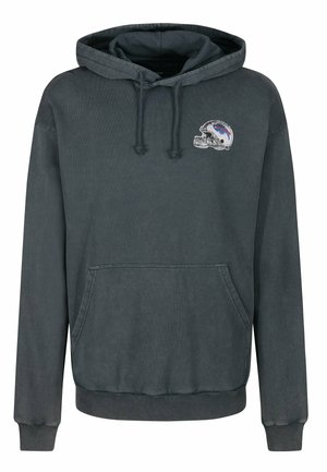 Sudadera gris de algodón, con un bolsillo tipo canguro, capucha con cordón y un diseño de calavera bordado con detalles en azul y rojo.