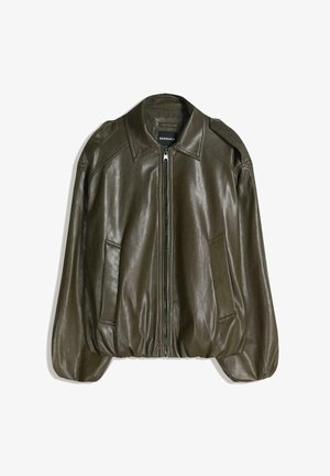 Olivgrüne Kunstlederjacke mit Frontreißverschluss, Kragen, zwei Seitentaschen sowie elastischem Bund und Ärmeln.