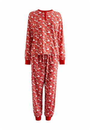 Roter langärmeliger Pyjama-Set mit weißen und braunen Rentieren, schneebedeckten Hügeln und Schneeflockenmuster, mit roten Bündchen und knöpfbarem Ausschnitt.