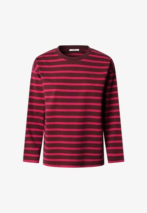 Camicia a maniche lunghe di colore rosso scuro con ampie strisce orizzontali rosa. Scollo rotondo, materiale in cotone e logo discreto sul petto.