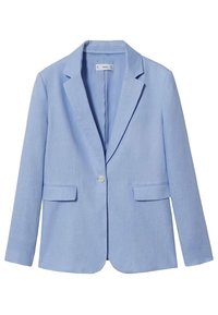 Blazer in lino azzurro chiaro con rever a punta, chiusura con un bottone e due tasche frontali. Tessuto liscio con vestibilità su misura.