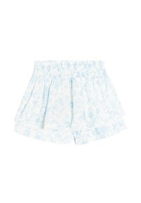 Pantalones cortos florales de color azul claro, fabricados con un tejido suave y con una cintura fruncida. Presenta capas en niveles y un borde con puntillas en forma de ola a lo largo del dobladillo.