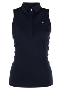 Ärmlös marinblå polo med slät tyg, med en knäppt krage, en framspets och en liten logo på vänster bröst.